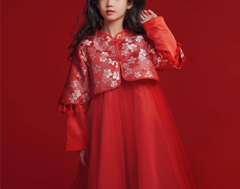 女童红裙子秋冬过年连衣裙儿童汉服连衣裙中大...