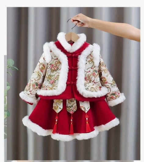 福利款汉服女童冬装新年衣服喜庆儿童中国风童...