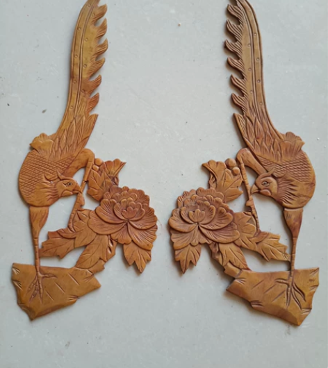 民国时期，黄杨木刻锦鸡牡丹花，花板（一对）...