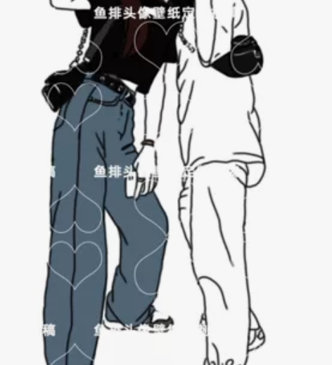 手绘线条情侣闺蜜自拍手绘卡通黑白线条人物简...