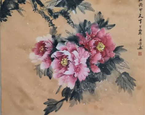 国画彩墨牡丹4尺斗方纯手绘精品，颜色高端大...