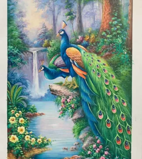 手绘油画孔雀玄关画,您提供场景图片,我可以...