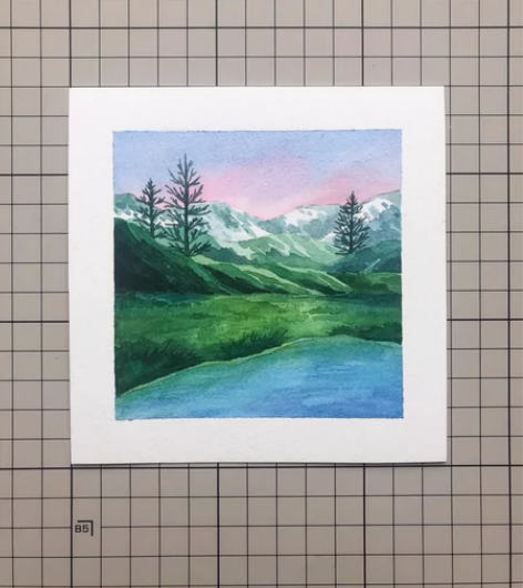 手绘水彩治愈系风景小画 照片为阴天自然光下...