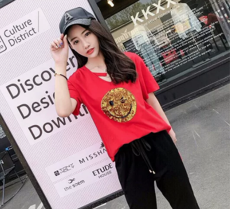 大月月定制2018夏季新款重工笑脸亮片撞色...