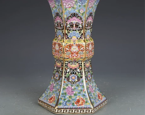 包邮清乾隆珐琅彩六方花觚中式风软装博古架瓷...