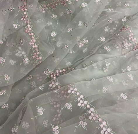 欧根纱刺绣花面料 高档服装设计婚纱裙料童装...