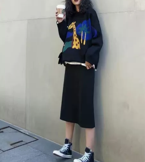 秋冬黑色后开叉裙子女韩版半身裙中长款高腰显...