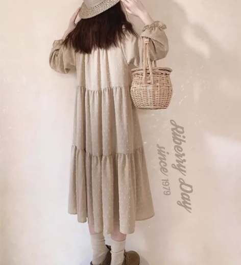 复古少女 褶皱立体剪花 卡其黄色 正肩 绑...