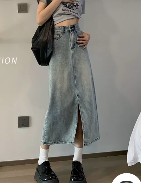 开叉牛仔半身裙女春秋2023年新款小个子a...