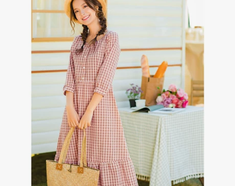 茵曼旗舰店田园风少女V领中袖小清新长裙红色...