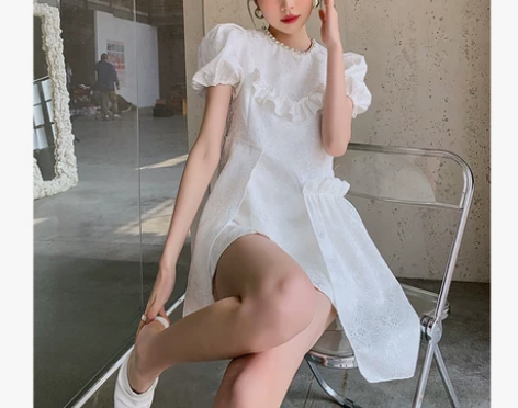 Toba白色甜美公主风泡泡袖连衣裙女不规则...