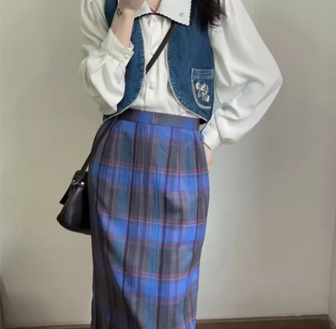 VINTAGE布鲁斯半岛学院风格纹半身裙 ...