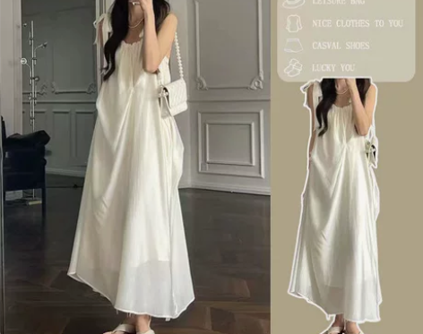 无袖连衣裙夏季法式超仙显瘦温柔风系带白色长...