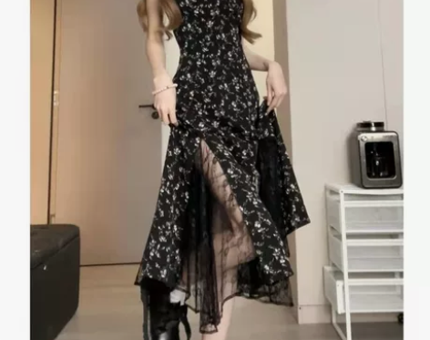 蕾丝蔷薇裙显瘦吊带连衣裙设计感气质2023...