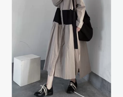 浮木兮/极简慵懒风撞色宽松棉麻衬衫裙大版型...