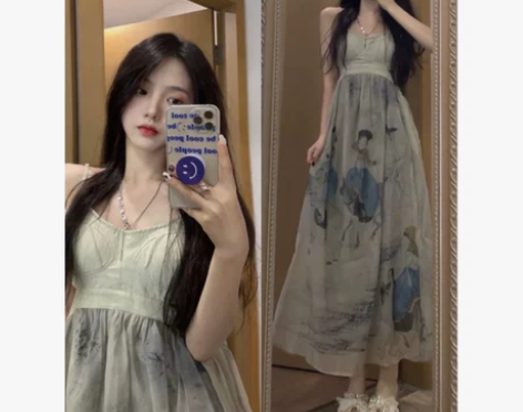 2022夏季法式复古小众度假民族风水墨印花...