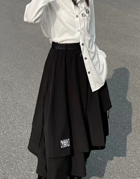 中长款搭配衬衫半身裙设计感不规则黑色高腰显...