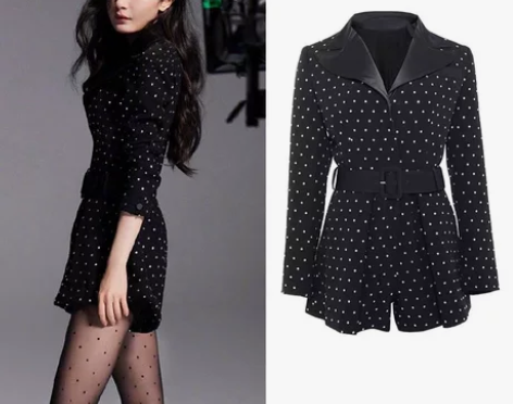 杨幂同款翻领黑色烫钻西装连体裤女春装新款气...