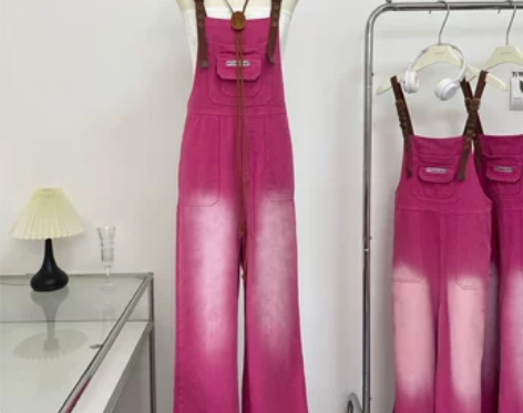 粉色渐变高腰宽松牛仔裤吊带背带裤女夏季美式...