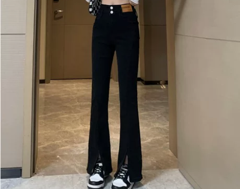 黑色裤子女小个子春秋搭配高腰显瘦开叉喇叭裤...