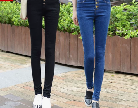 秋季排扣超显瘦高腰牛仔裤女夏弹力包腿小脚铅...