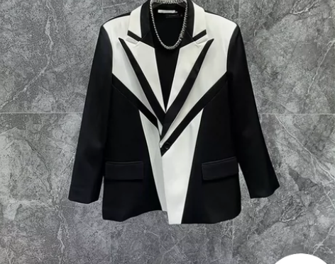 黑白撞色拼接西装外套男小众高级感潮流百搭宽...