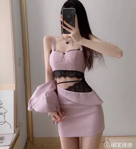 芭比姨辣妹套装夏季新款设计感蕾丝边短袖西装...