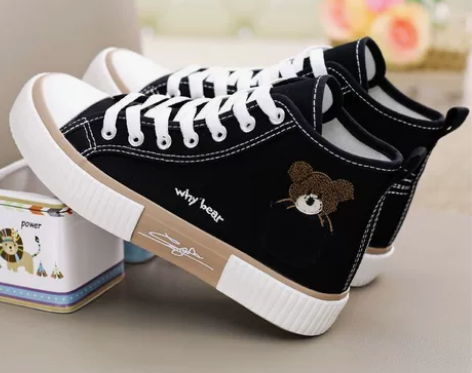 高帮帆布鞋女复古刺绣小熊2023夏季新款种...