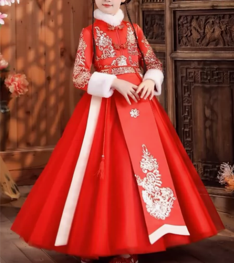 女童汉服唐装本命年红色拜年服裙子刺绣斗篷 ...