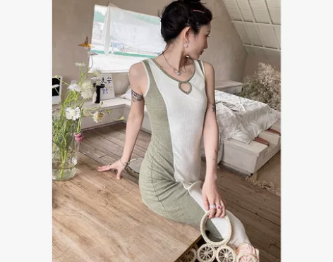 Whateverlab针织拼色连衣裙丨挖空...