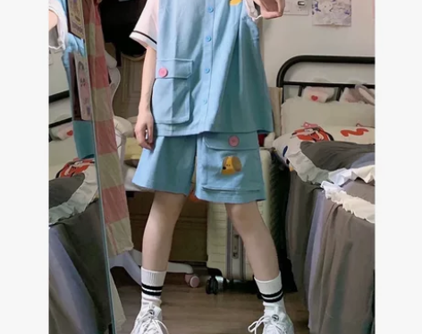 日系华夫格假两件休闲运动套装女夏设计感小众...