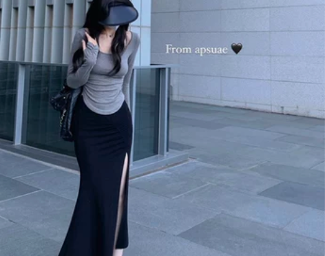 白水女 开叉半身裙女春修身显瘦设计感高腰包...