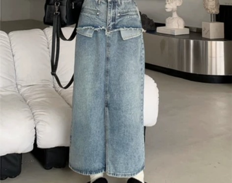 小个子半身裙女装复古高腰设计感开叉牛仔裙