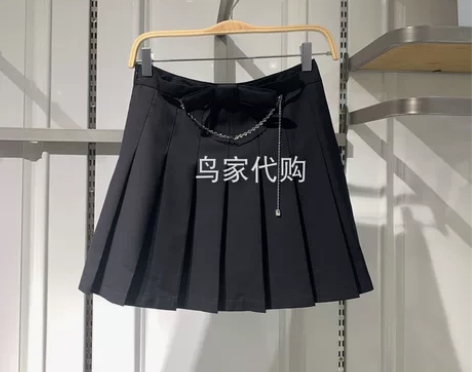 鸟家新款百搭蝴蝶结链条百褶裙短裙A字… 感...
