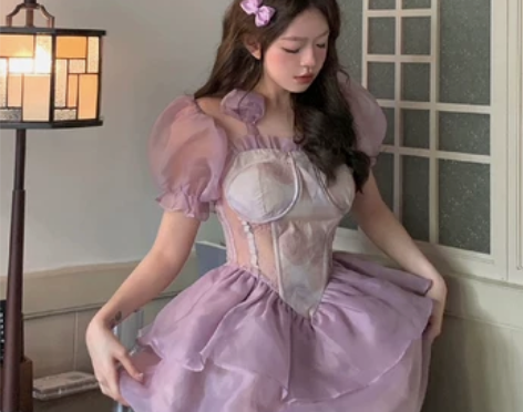 茶歇法式紫色连衣裙女夏季高级感小个子生日迪...