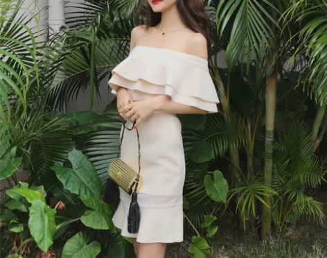 夏装2023新款小香风一字领露肩荷叶边鱼尾...