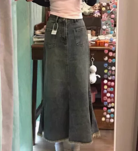 牛仔半身裙女春夏高腰显瘦毛边中长款鱼尾裙子...
