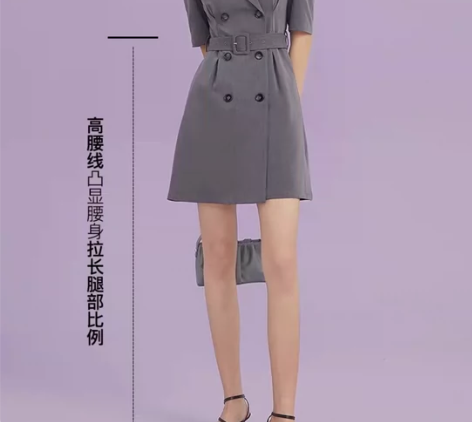 春季夏季学院风西装裙泡泡袖垫肩通勤连衣裙品...