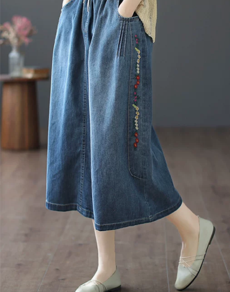 ?KYMTAL牛仔裙复古文艺牛仔半身裙刺绣...