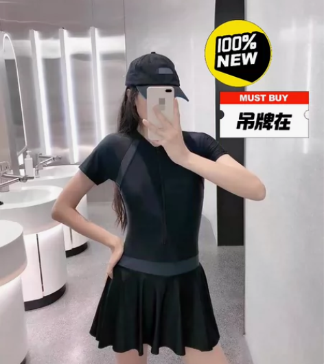 短袖连体裙式泳衣女款保守遮肚子显瘦微胖女孩...