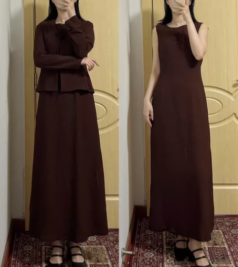 影娇90年代港风咖色连衣裙套装 全新带吊牌...