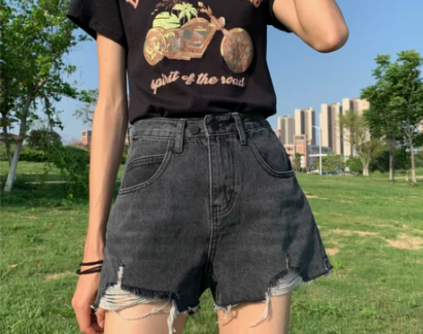 烟灰色高腰a字牛仔短裤女夏季薄款破洞宽松显...