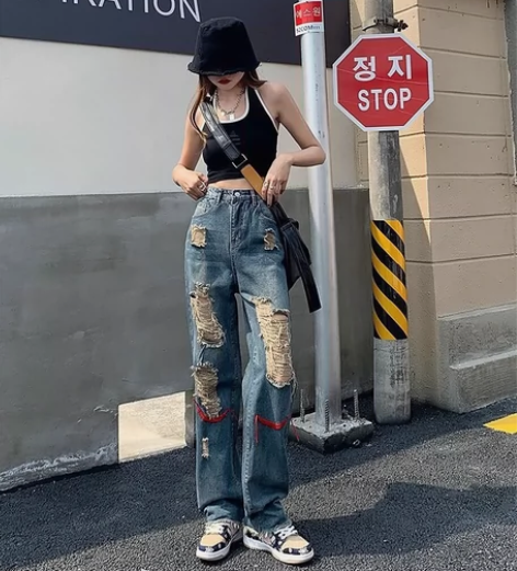 全新牛仔裤s码85-100斤辣妹高街破洞牛...