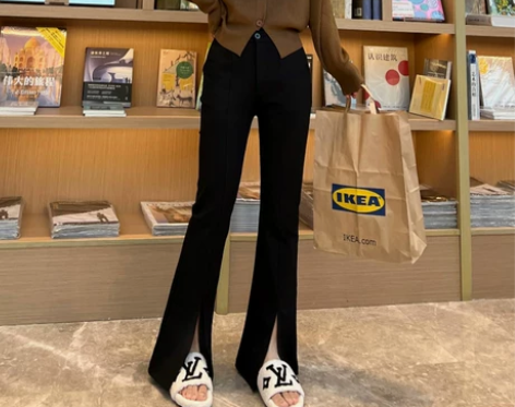 高腰开叉微喇叭裤女2023年春季新款黑色修...