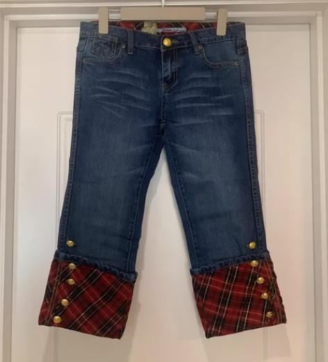 ONLY牛仔苏格兰格子金口七分裤，28M码...