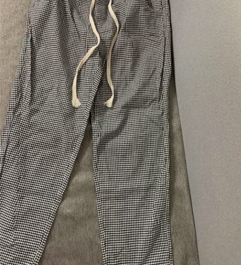 棉麻直筒九分裤子黑白格子休闲长裤 M码 松...