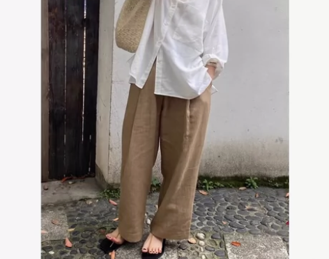 OO 棉麻质朴驼色 随性优雅廓形阔腿裤 S...