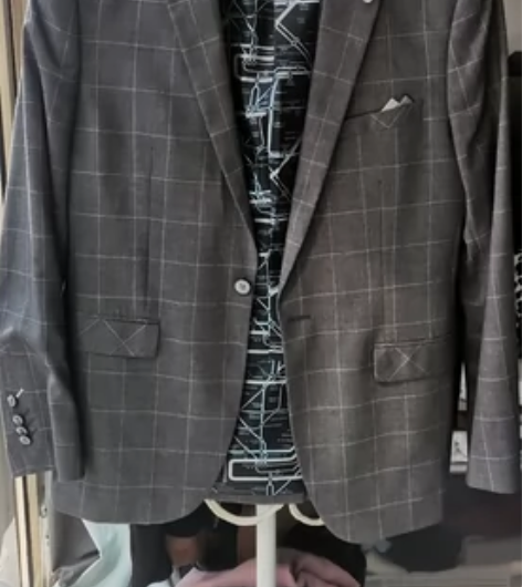 男士薄款春夏灰色格纹商务休闲西装上衣，修身...