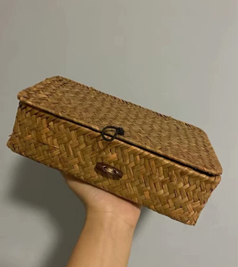收纳筐草编 藤编收纳盒桌面杂物有盖收纳盒子...