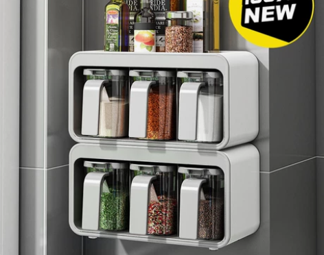 壁挂控量调料盒套装家用免打孔厨房收纳盒玻璃...